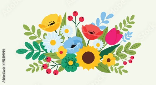 A cheerful illustration with varied flowers and foliage