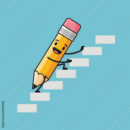A cartoon pencil character climbs stairs on a blue background