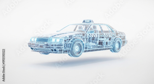 Wireframe police car schematic blueprint digital rendering.