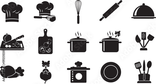 Black and white kitchen cooking icons and utensils set