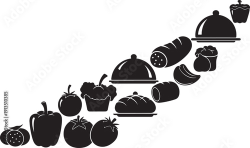Food icons in black and white illustration style