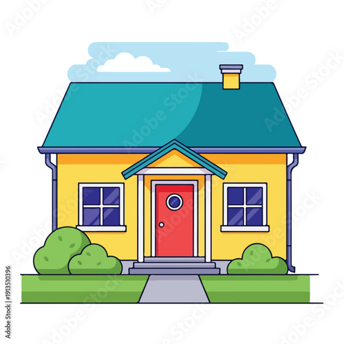 A cheerful illustration of a yellow house with a red door and a green roof
