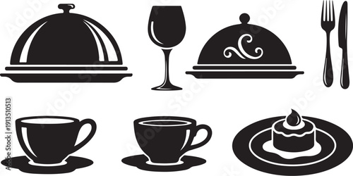 Black and white illustration of restaurant tableware and food