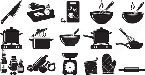 Black and white kitchen utensils and cooking icons set