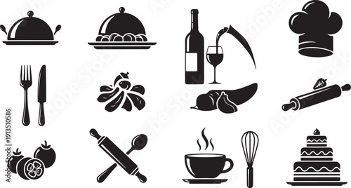 Black and white kitchen utensil and food icons set
