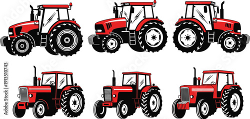 Set of red farm tractor vector illustrations showing modern and classic agricultural machinery isolated on white background for farming and rural transport concepts