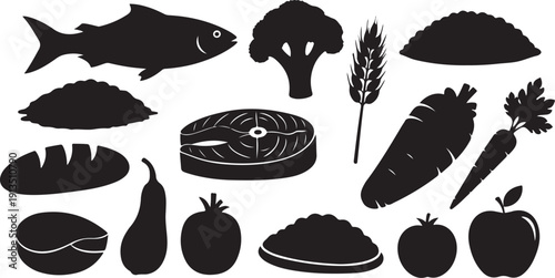 Variety of healthy food icons in black silhouette style