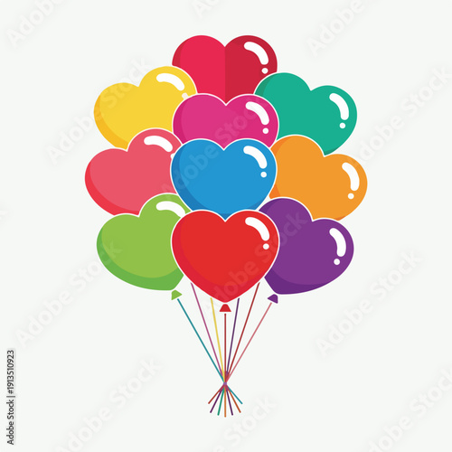 A cluster of colorful heart-shaped balloons tied together with strings