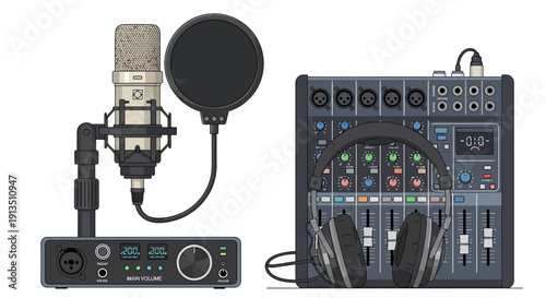 Pixel Art Recording Studio Setup: Microphone, Audio Interface, Mixer, and Headphones