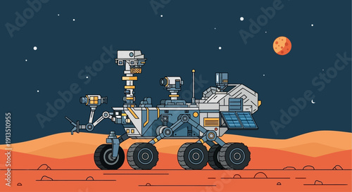 Pixel Art Mars Rover Exploring Red Planet Surface Under Starry Sky