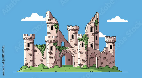 Pixel Art Ruined Castle on Green Hill with Clouds
