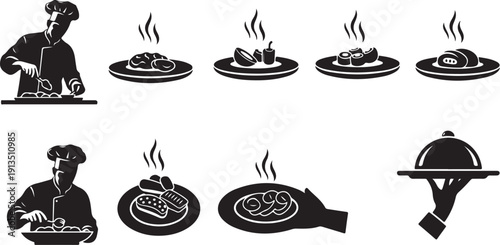 Silhouette of chef cooking and serving food illustrations set