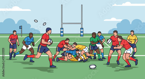 Rugby players in action, scrum and try line action on green field