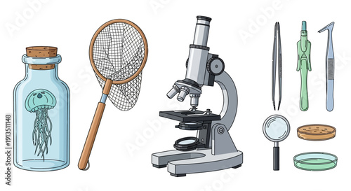 Science Lab Equipment and Specimen Jar with Jellyfish Illustration