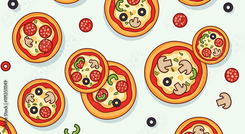 Seamless Pattern of Delicious Pizzas, Pepperoni, Mushrooms, Olives, and Green Peppers on Light Blue Background