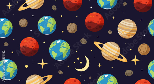 Seamless Space Pattern: Planets, Stars, and Moon on Dark Background