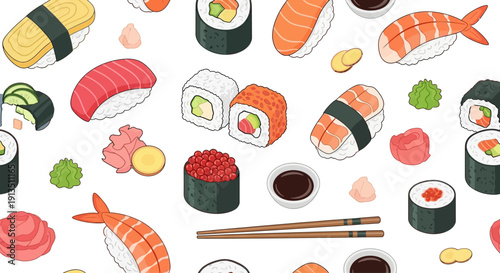 Seamless Sushi Pattern: Delicious Japanese Food Assortment