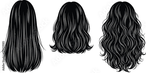 Vector illustration set of three female hairstyles featuring long straight black hair, medium wavy brunette locks, and voluminous curly dark tresses from back view