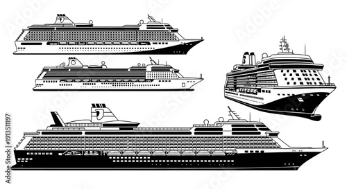 Set of Cruise Ship Illustrations, Vector Graphics, Isolated on White Background
