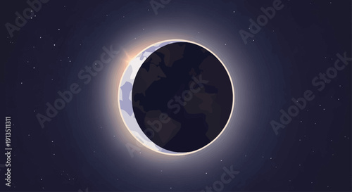 Stunning Solar Eclipse: Moon Partially Obscures Sun, Creating Corona Effect in Starry Night Sky