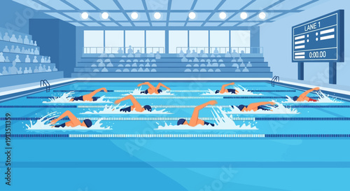 Swimmers Competing in a Modern Indoor Swimming Pool with Spectator Stands
