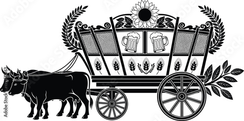 Vintage Black and White Vector Illustration of a Traditional Ox-Drawn Festival Wagon with Beer Mugs, Wheat, Sunflower, and Foliage for Oktoberfest and Harvest Celebrations