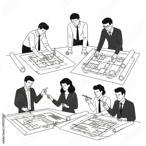 Team of architects collaborating on blueprints, discussing project details at a table.