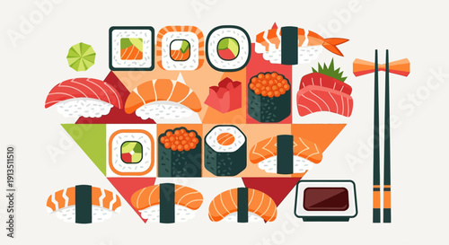 Vibrant Sushi Assortment Flat Lay with Chopsticks and Soy Sauce