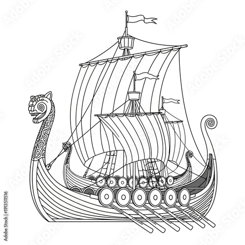 Viking Ship Illustration: Ancient Longship with Sails and Oars, Historical Nautical Art