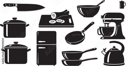 Black and white kitchen utensils and appliances illustration set