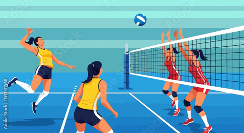 Volleyball game, female athletes playing match, action shot, jump serve, net, court