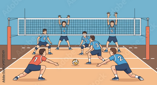 Volleyball game in progress, players competing on court, intense action, sports event