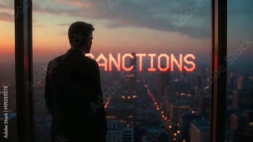 Businessman Looking at Digital 'Sanctions' Notification During Sunset