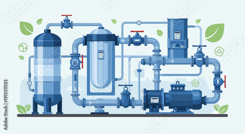 Water purification system, industrial water treatment, filtration, pump, pipes, valves, eco-friendly concept