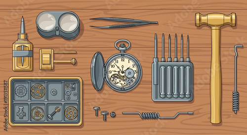 Watchmaker's Tools and Pocket Watch Parts on Wooden Table - Top View