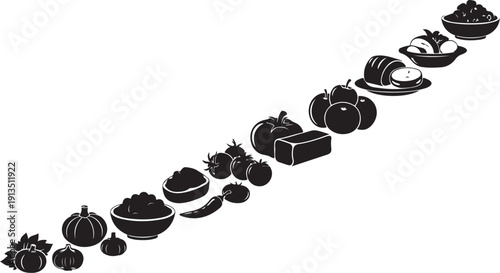 Black and white Thanksgiving food icons in a diagonal line