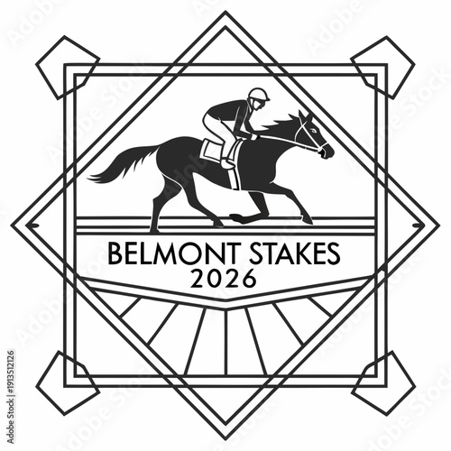 Black and white minimal vector art for Belmont Stakes 2026, abstract horse silhouette conveying elegance and the thrill of the race.