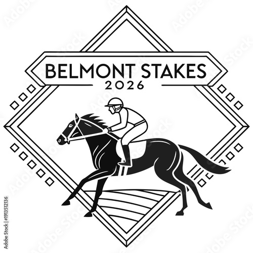 Elegant black and white minimalist vector design celebrating the 2026 Belmont Stakes horse race and its prestigious Triple Crown status.