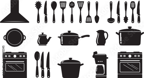 Kitchen Utensils and Appliances Icon Set in Black Color