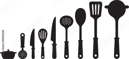 Black kitchen utensils and tools on white background illustration