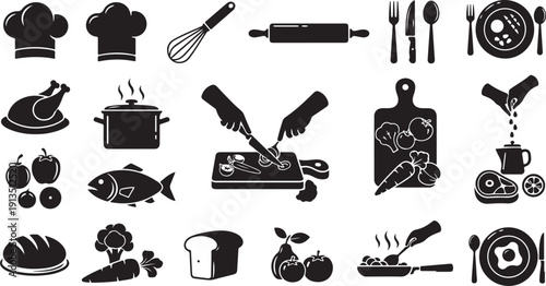 Black and white kitchen utensils and food icons illustration