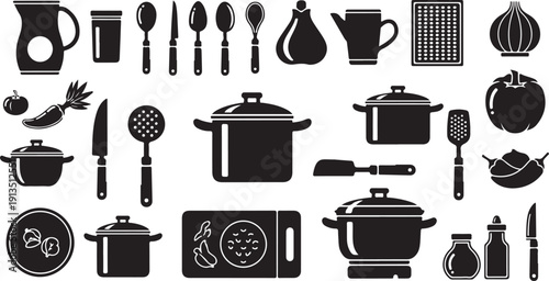Kitchen Utensils and Cookware Icon Set for Cooking Essentials