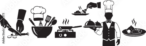 Black and white chef icons with kitchen utensils tools