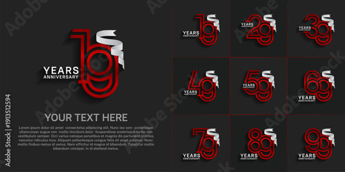 Anniversary logo style double line number set. red color and white ribbon for celebration event