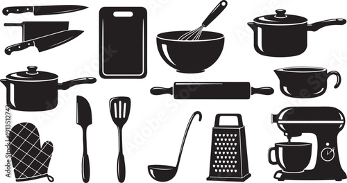 Kitchen Utensils and Cookware Silhouette Icons Set for Cooking