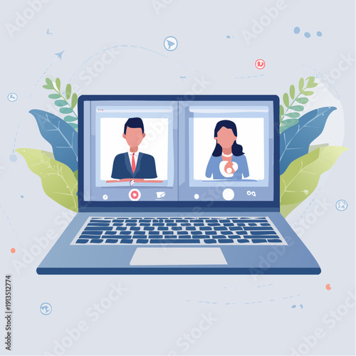 Modern Flat Vector Illustration of Online Job Interview with Recruiter and Candidate Video Call