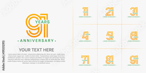 Anniversary logo style double line number set. orange and green color on white background for celebration event