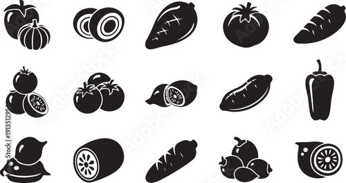 Food icons set with various fruits and vegetables illustrations