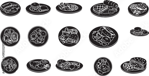 Variety of Food on Plates Illustration Set Black White