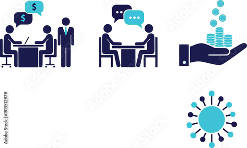 Business meeting icons showing discussion investment growth handshake and financial crisis concept illustration vector